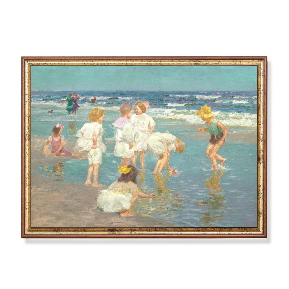 Sunny Impressionist Children Playing At The Beach Seaside Art Poster