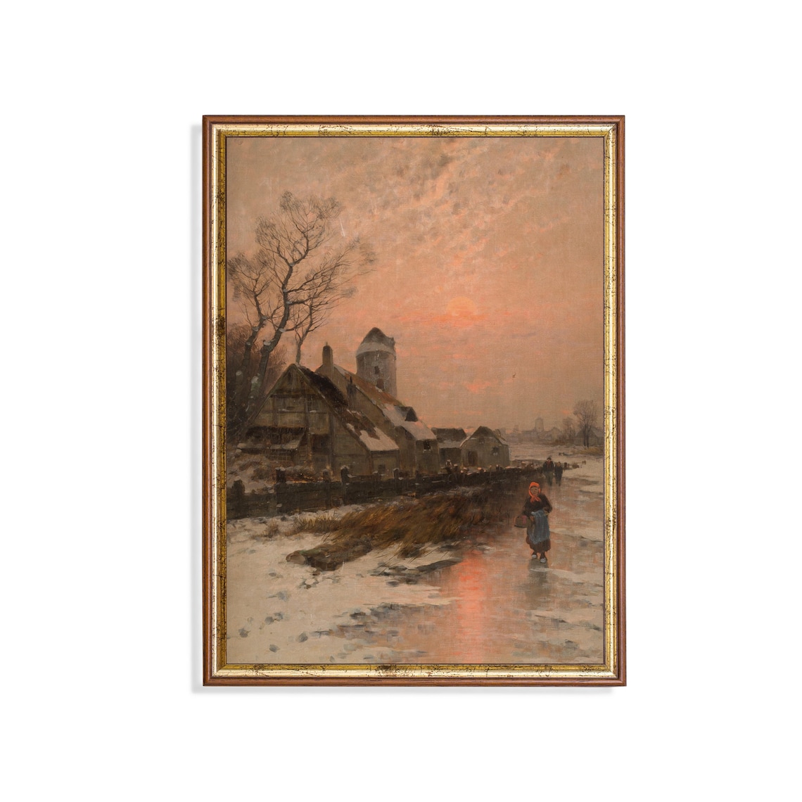 Skater on a Frozen Lake at Winter Sunset with Windmill Village Poster