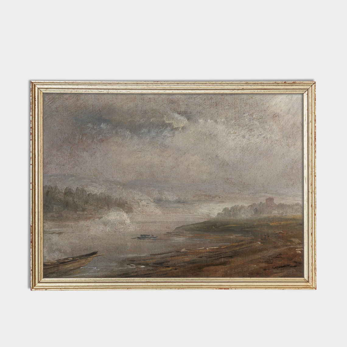 Muted Misty Gray River With Boats Under a Clouded Sky Poster - Image 2