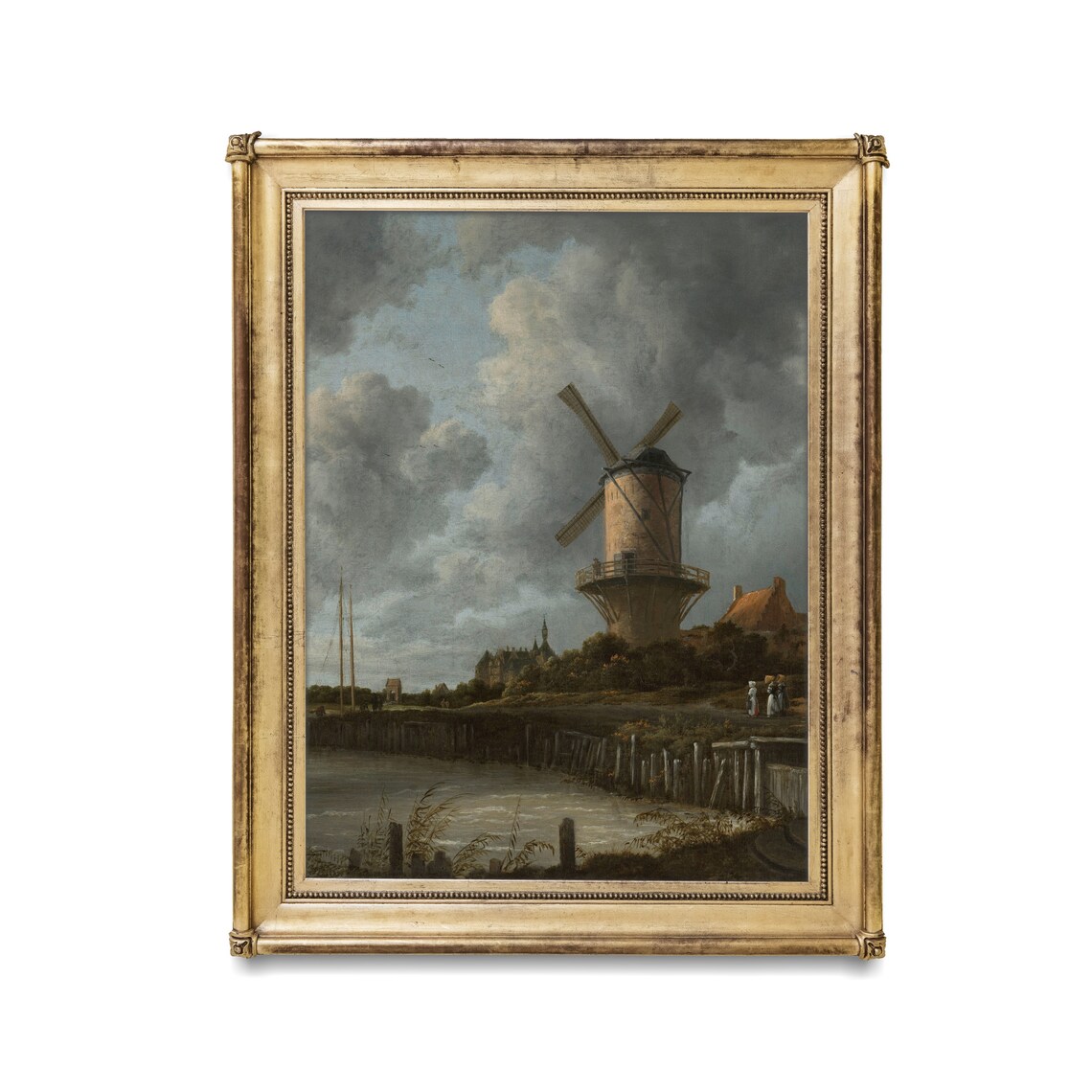 Dutch Windmill on a Riverbank Under Stormy Skies Painting Poster - Image 2