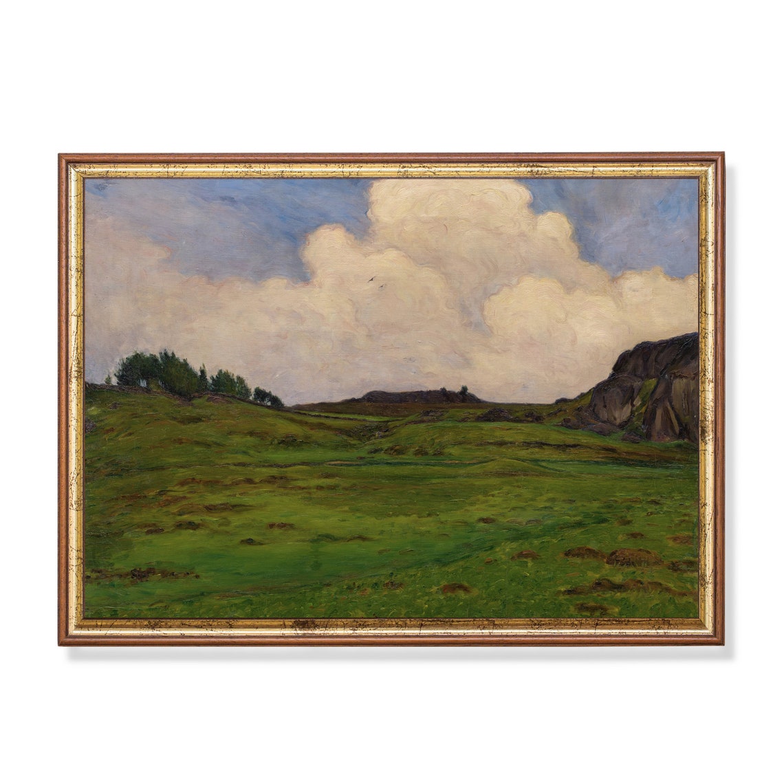 Rolling Green Valley Under Towering Clouds Rocky Landscape Poster