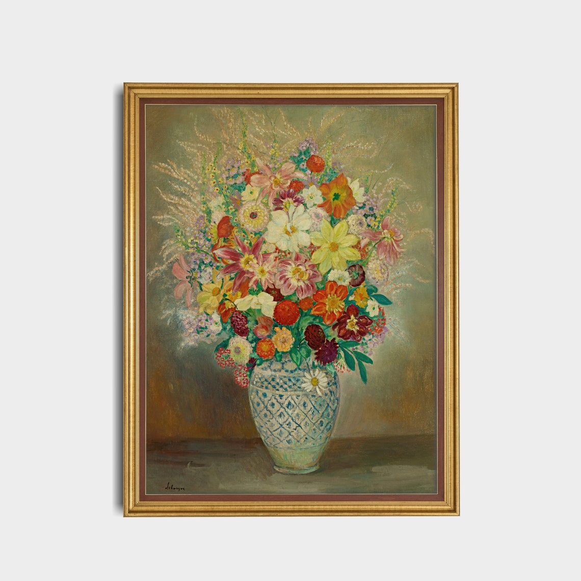 Vintage Floral Bouquet in a Blue Patterned Vase Still Life Poster - Image 3