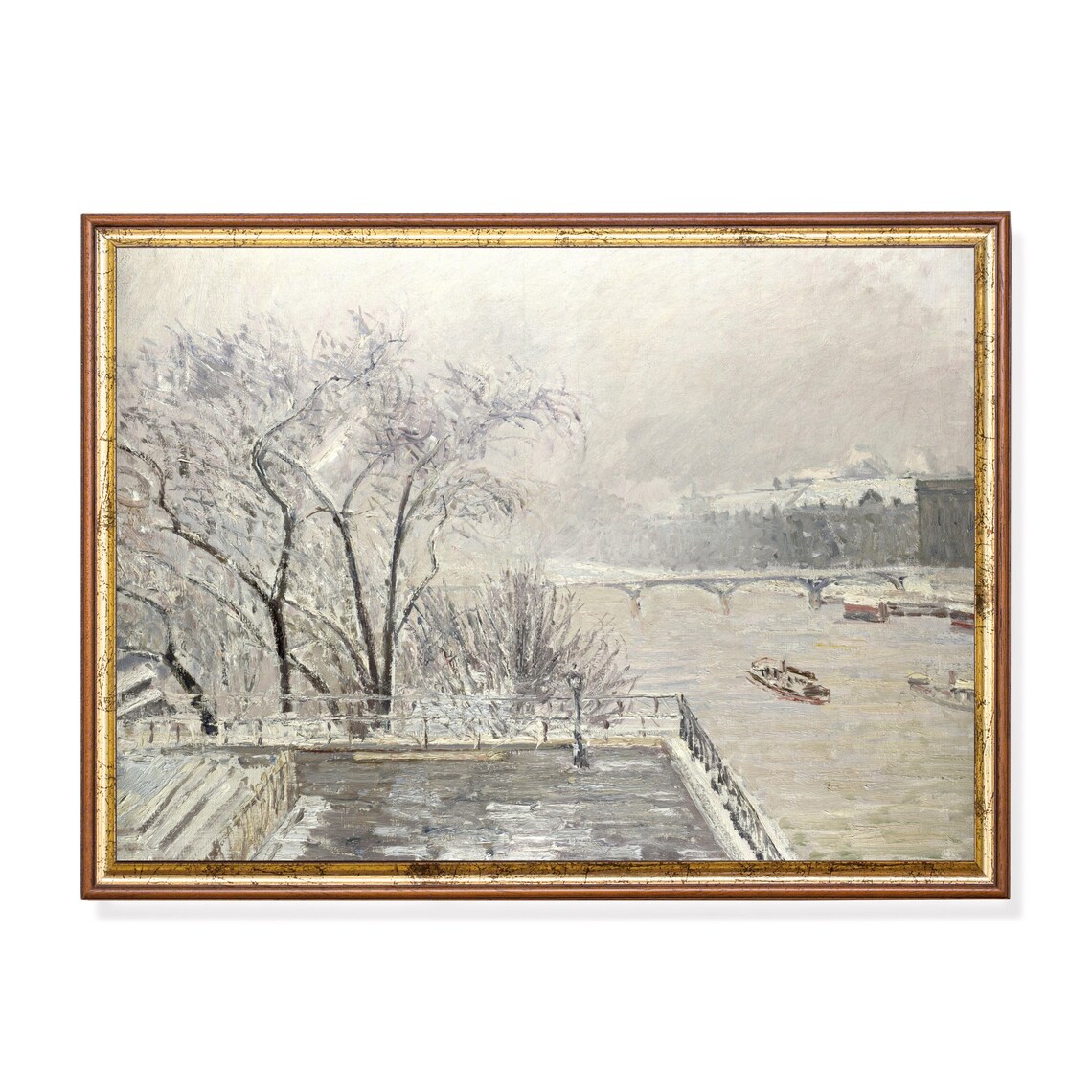 Winter River Cityscape with Boats and Bridge Vintage Painting Poster