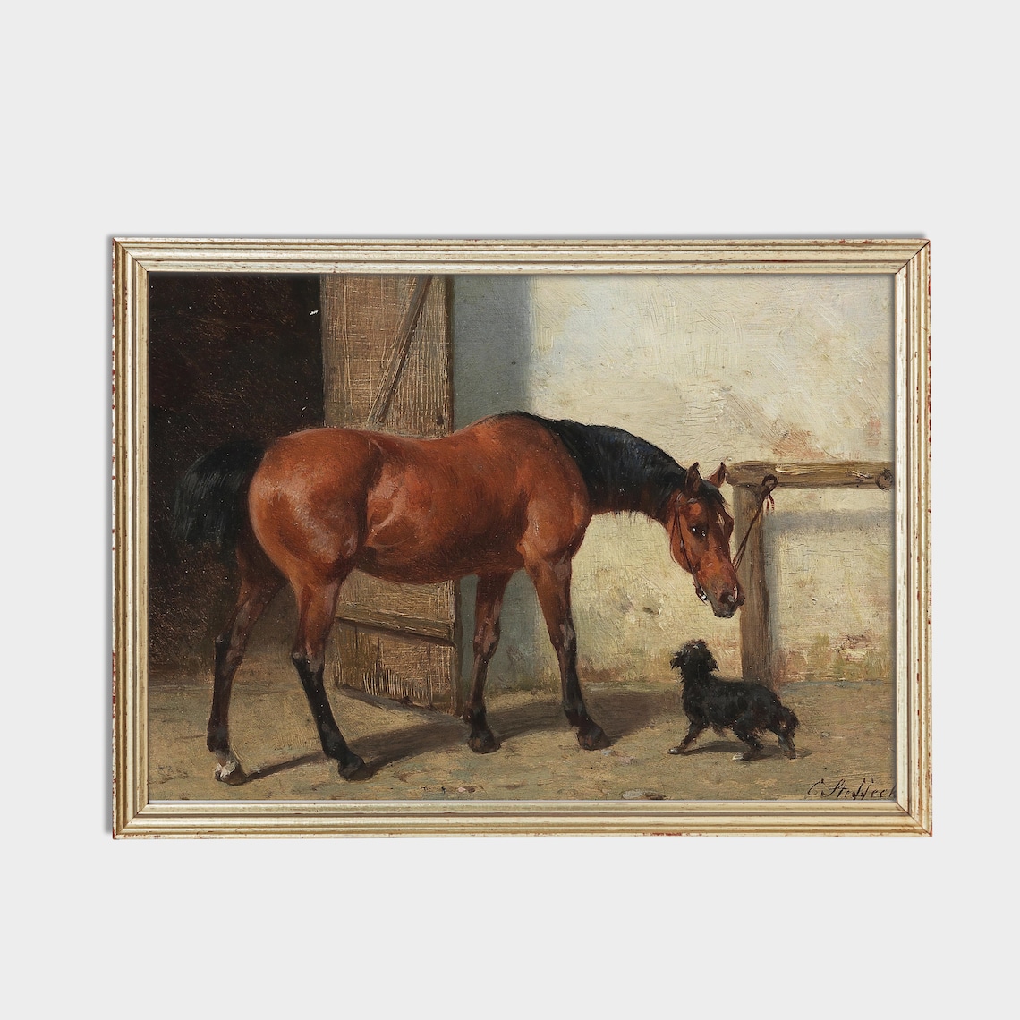 Chestnut Horse and Small Dog in Stable Yard Equestrian Painting Poster - Image 2