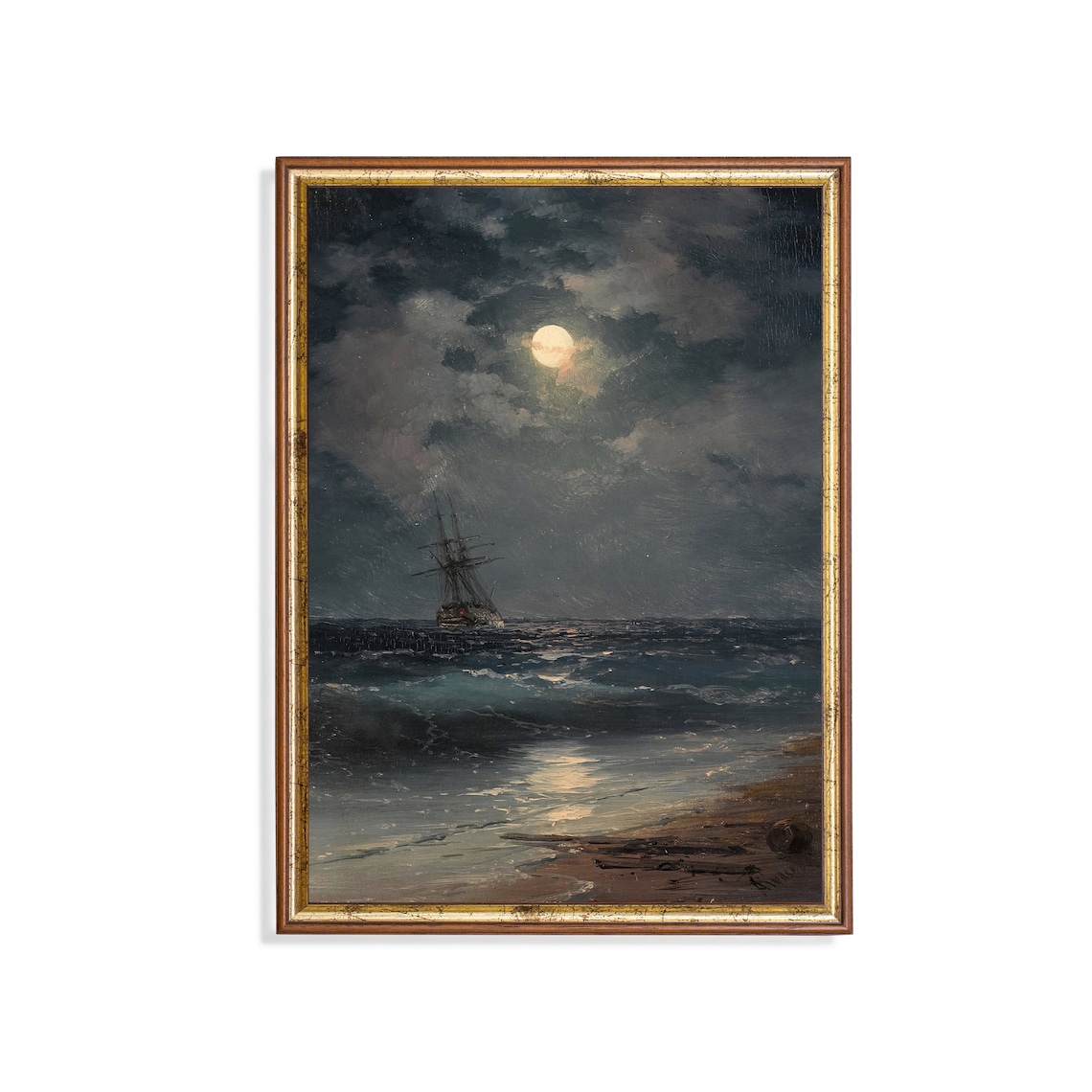 Ship By Moonlight Vintage Seascape Art Print, Nautical