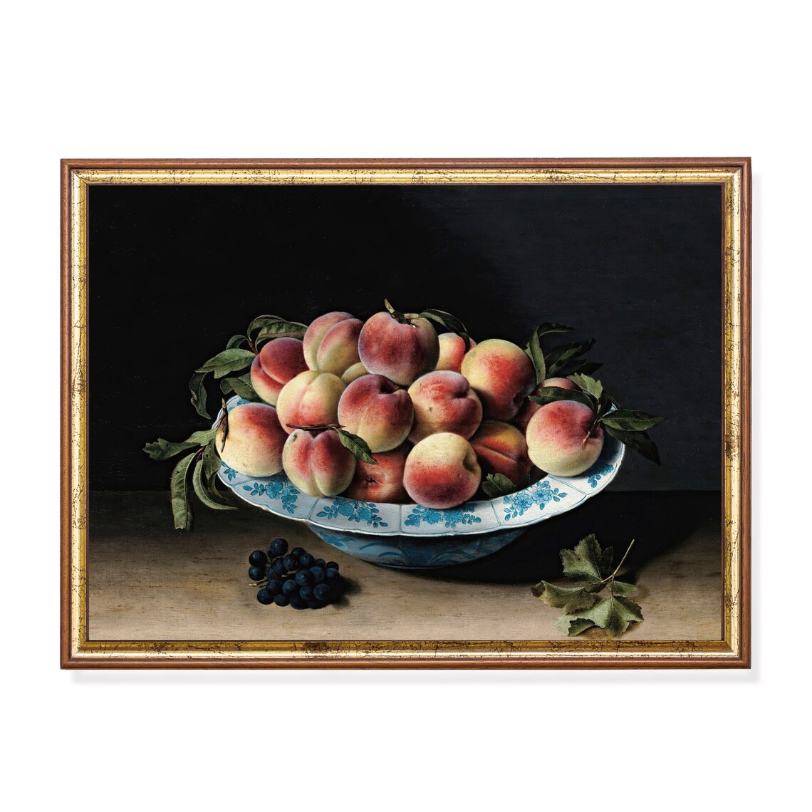 Bowl of Peaches Still Life Blue Porcelain Antique Fruit Poster