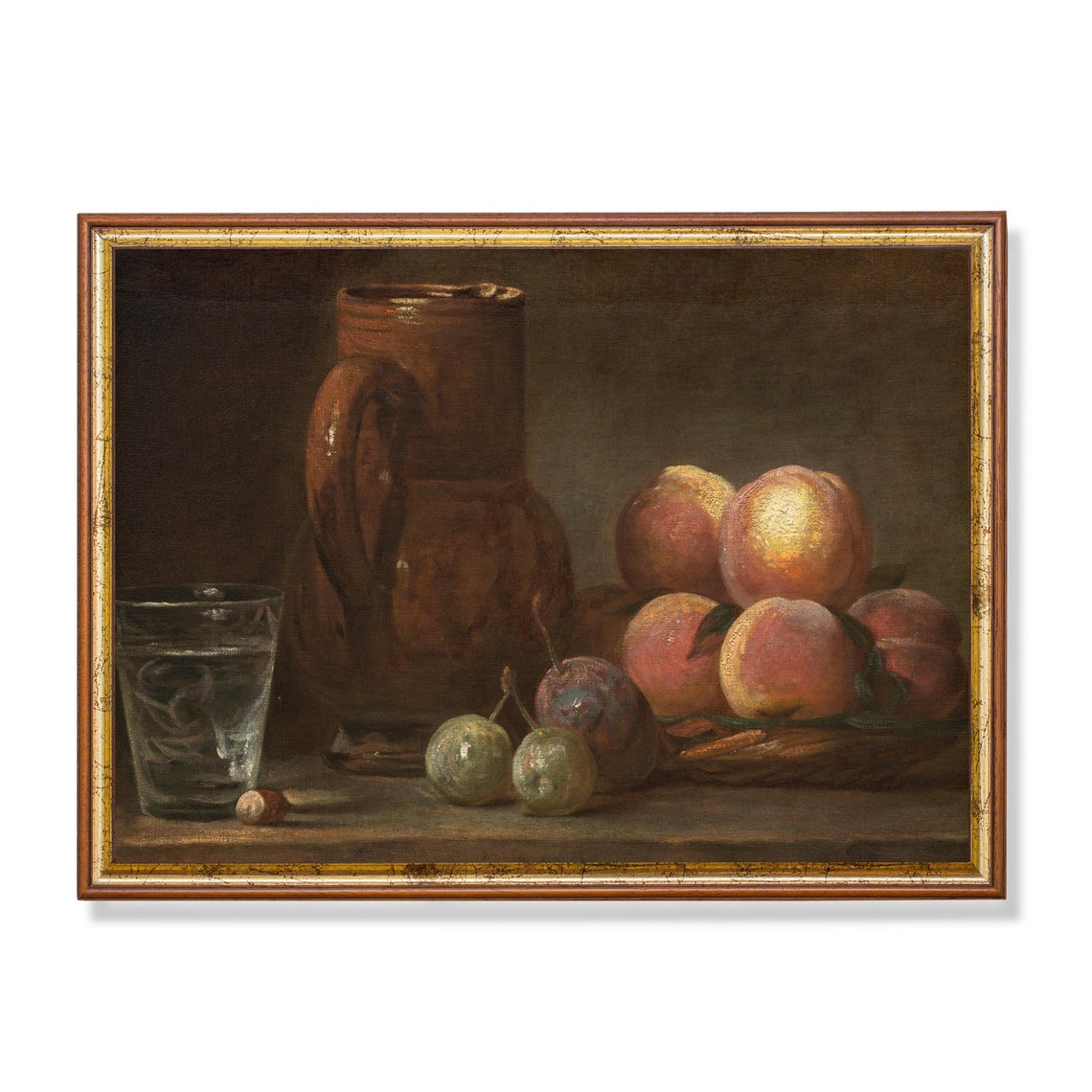 Dark Still Life with Earthenware Jug, Peaches and Plums Poster