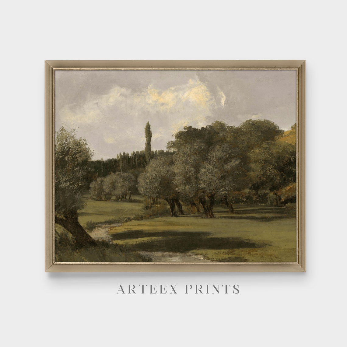 Green Meadow Stream with Oak Trees Antique Pastoral Art Poster - Image 4