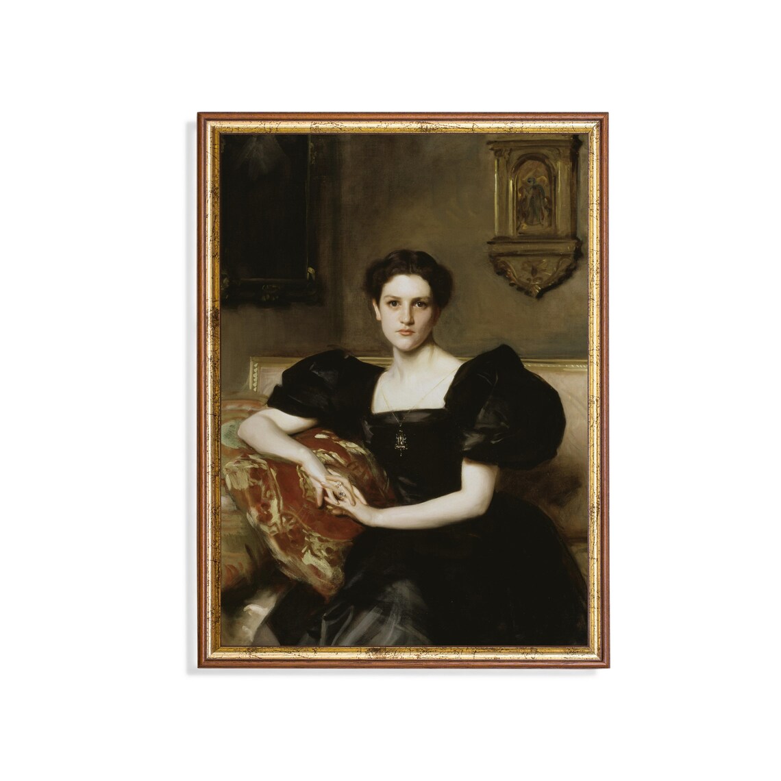 Seated Victorian Lady in Black Evening Dress Oil Portrait Poster
