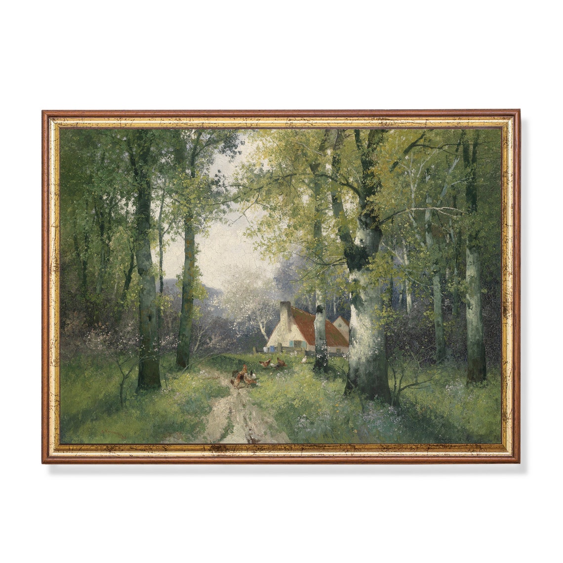 Birch Forest Clearing With a Red Roofed Cottage Green Poster - Image 2