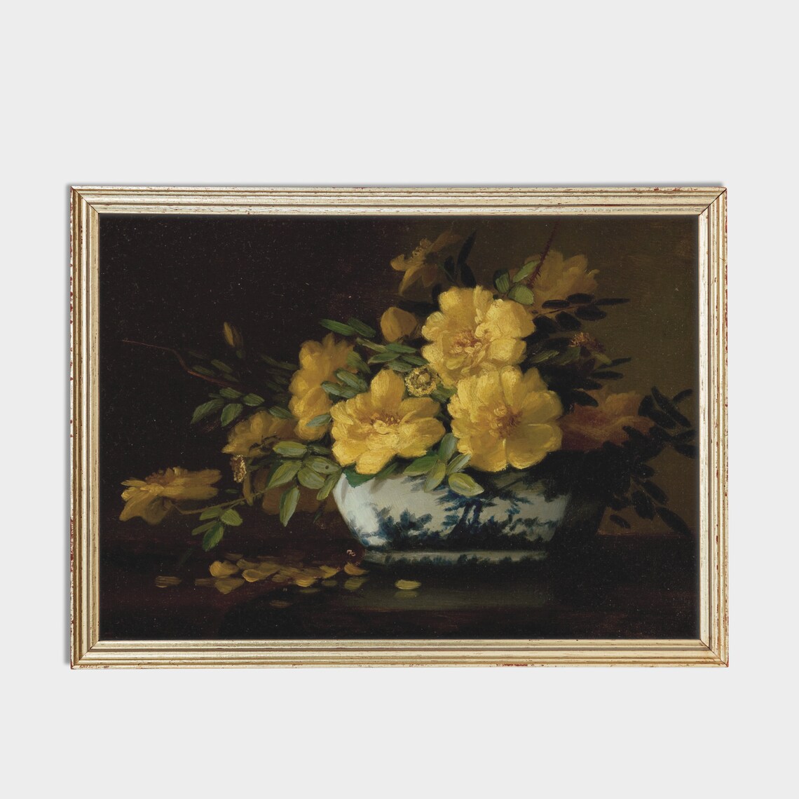 Yellow Roses in Delft Bowl Dark Vintage Floral Still Life Art Poster - Image 2