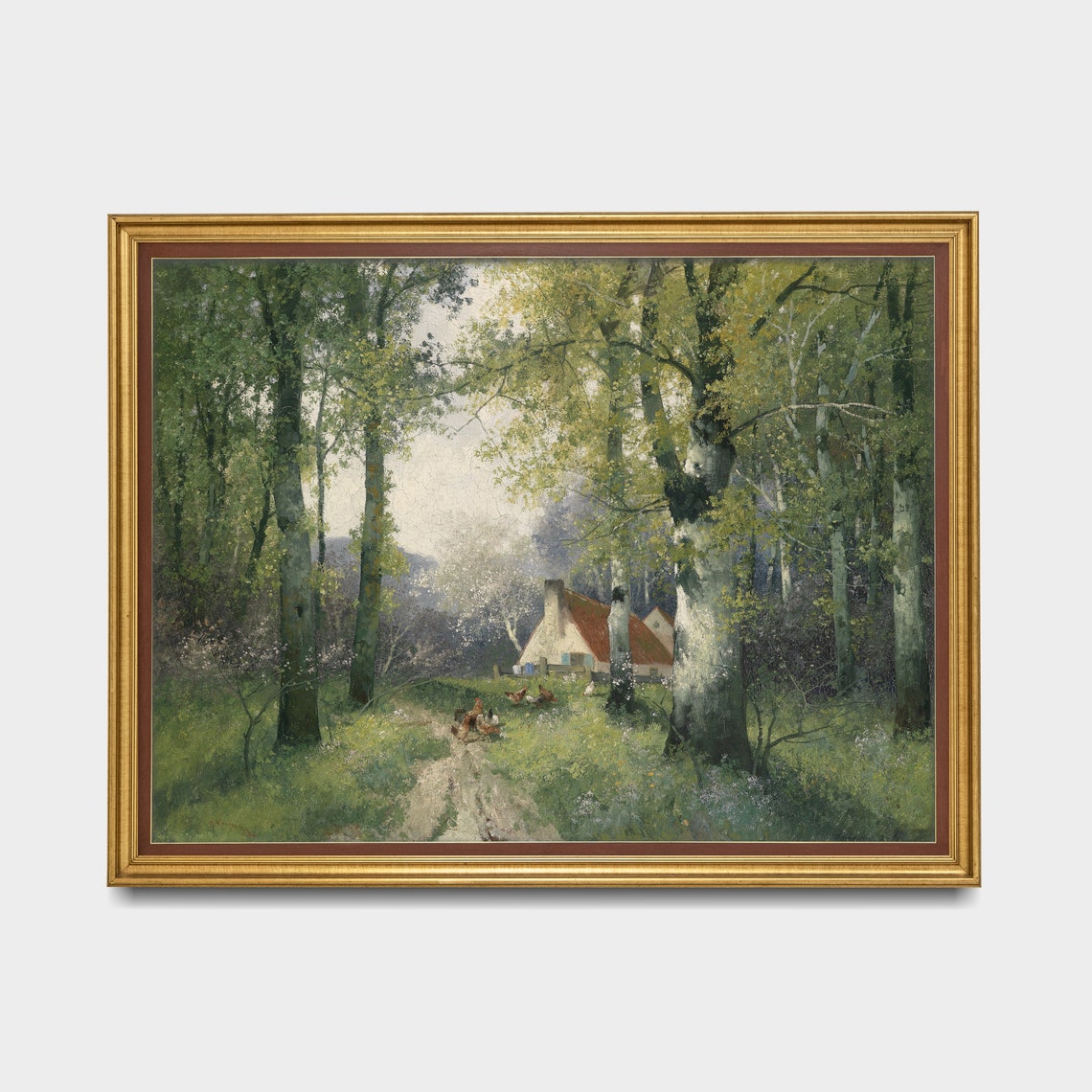 Birch Forest Clearing With a Red Roofed Cottage Green Poster - Image 4