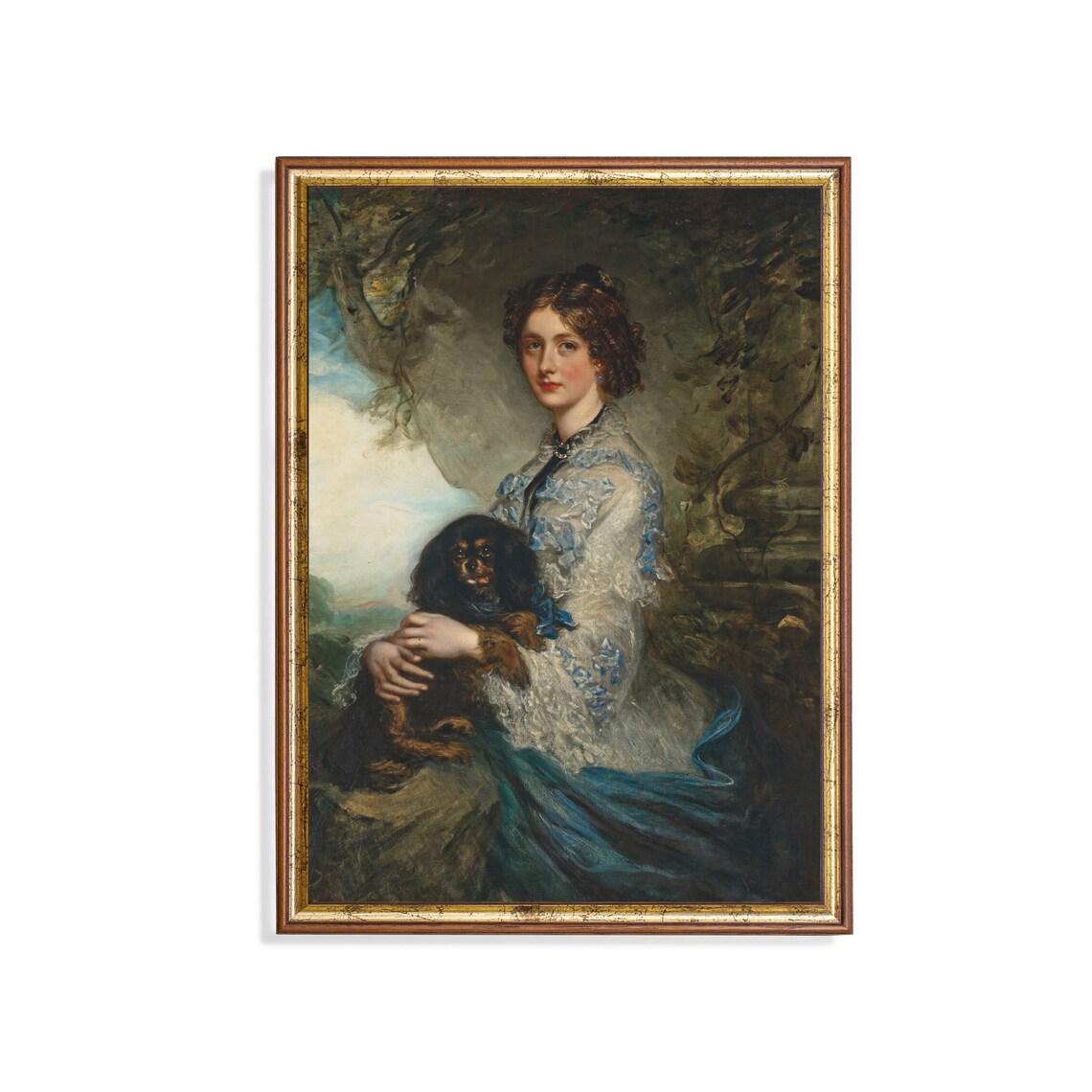 Vintage Woman Portrait With Spaniel, Rustic Art Print