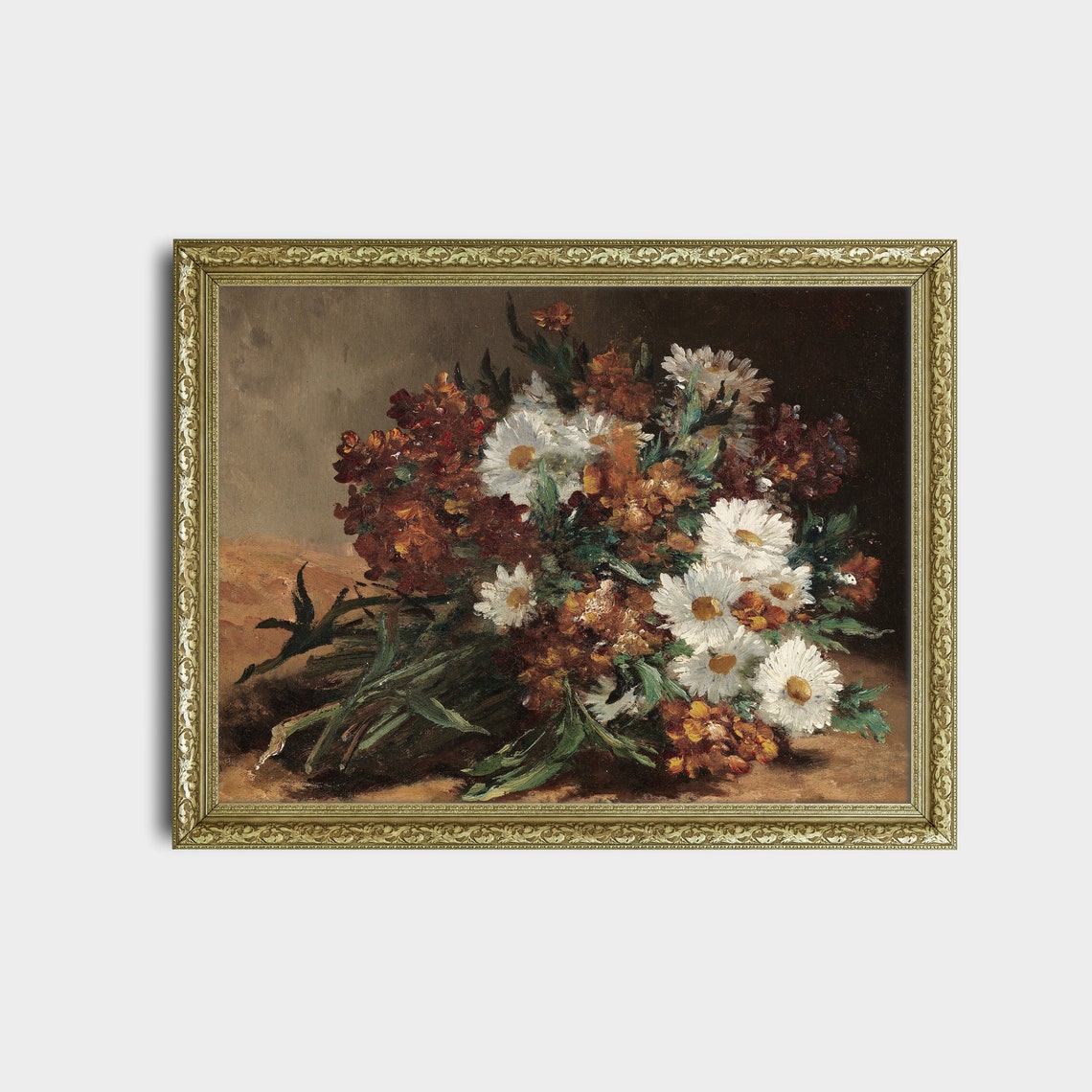 White Daisies and Rust-Red Flowers in a Bunch Moody Still Life Print - Image 2