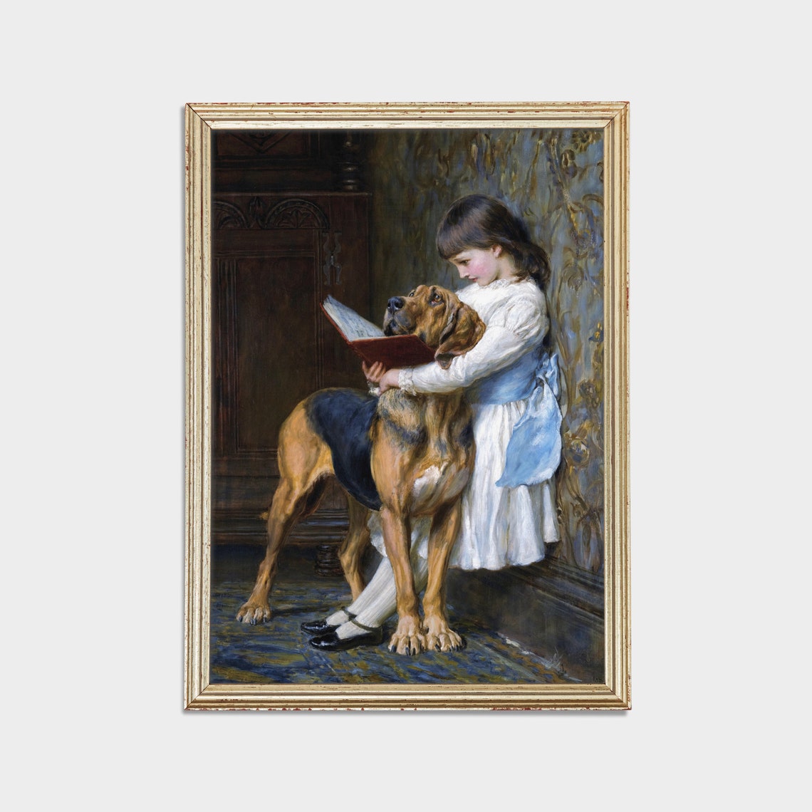 Victorian Girl Reading to Her Bloodhound Classic Painting Poster - Image 2