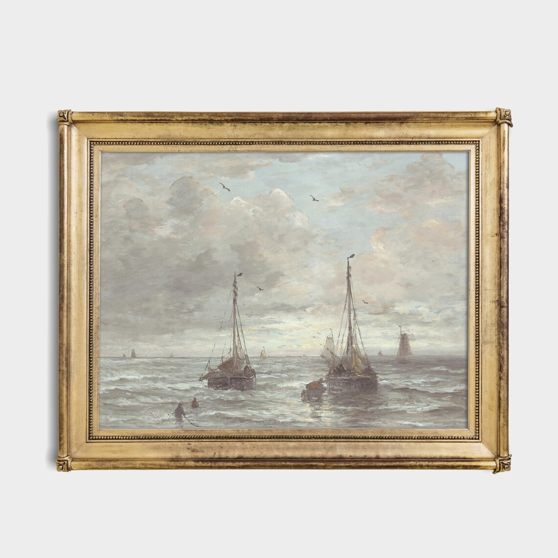Fishing Sailboats on Shore Muted Coastal Vintage Seascape Art Poster - Image 3