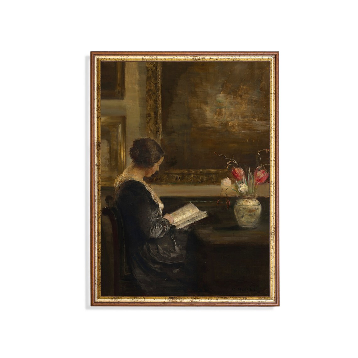 Woman Reading a Book at Her Desk Beside Tulips Vintage Interior Poster