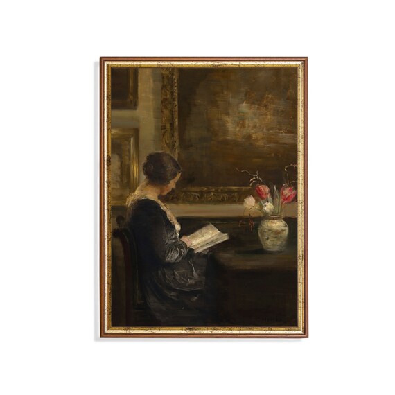Woman Reading a Book at Her Desk Beside Tulips Vintage Interior Poster
