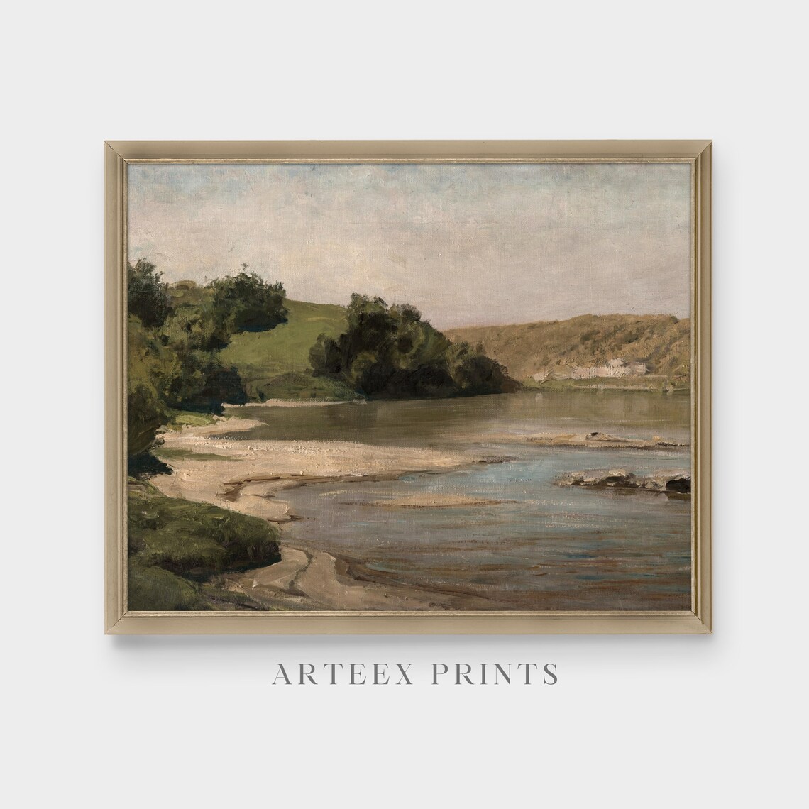 Serene Riverbank Oil Painting with Sandy Shore and Hills Poster - Image 4