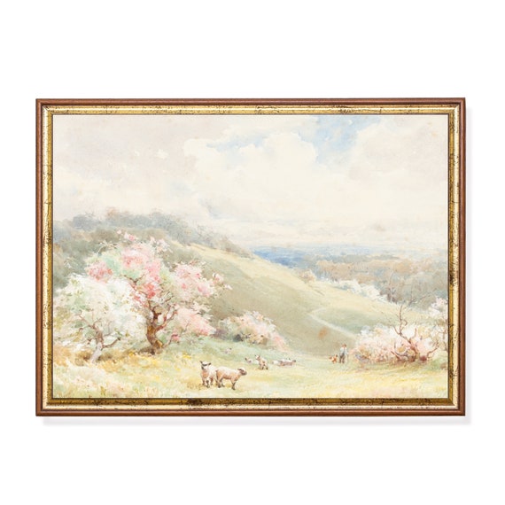Vintage Landscape Wall Art Antique Painting Farmhouse Decor Wall Art Moody Landscape Above Bed Horizontal Art