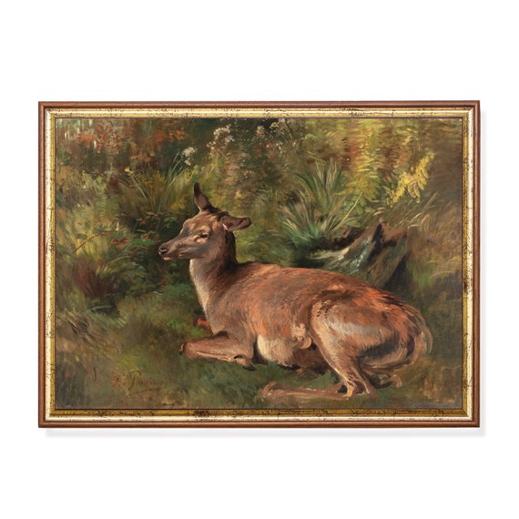 Printed And Shipped Vintage Deer Painting Antique Art Print Resting Hind Moody Rustic Fine Art Animal Lover Gift