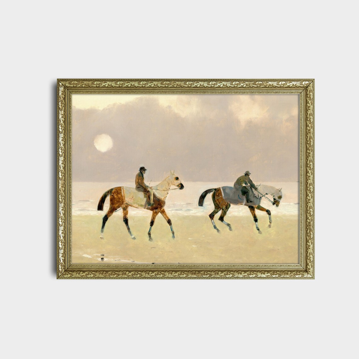 Horse Riders On Hazy Beach Antique Equestrian Painting Poster - Image 2