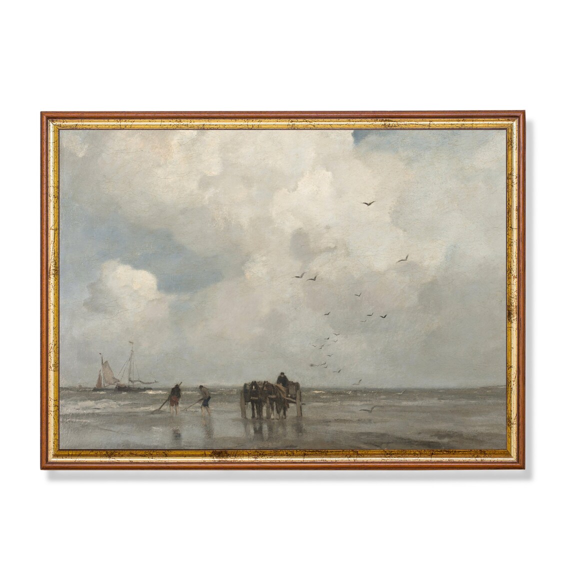 Mist-Covered Beach with Fishermen Horses and Sailboat Poster