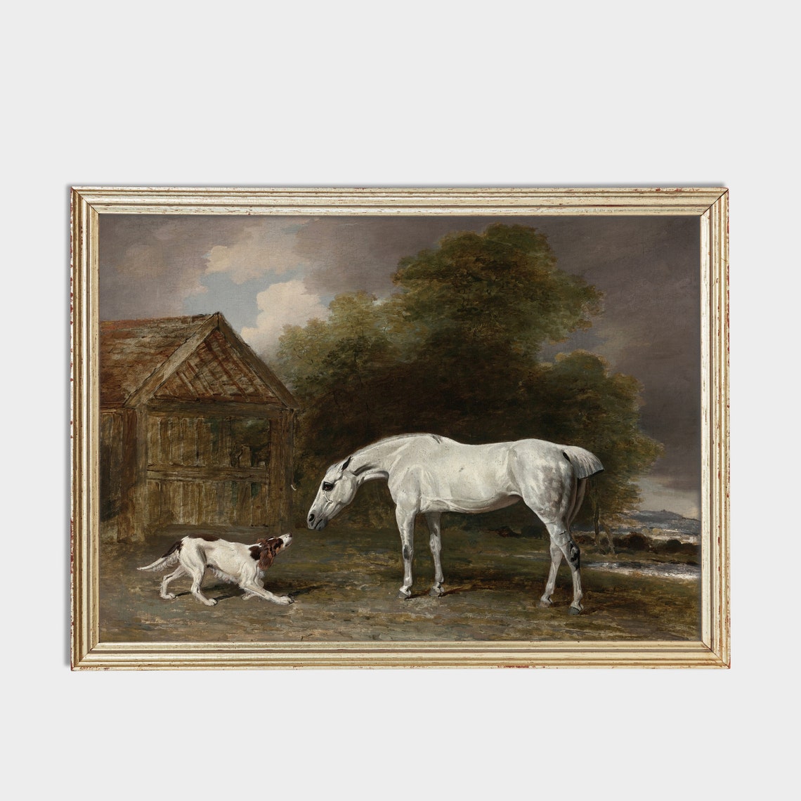 White Horse and Spaniel Dog Before a Rustic Wooden Stable Poster - Image 4
