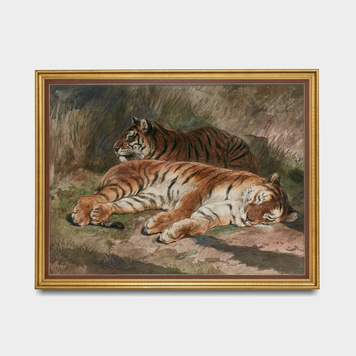 Two Tigers Resting in Tall Grass Dark Moody Watercolor Poster - Image 3