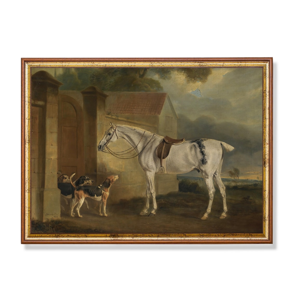 Grey Hunter Horse with Hounds at the Stable Gate Painting Poster