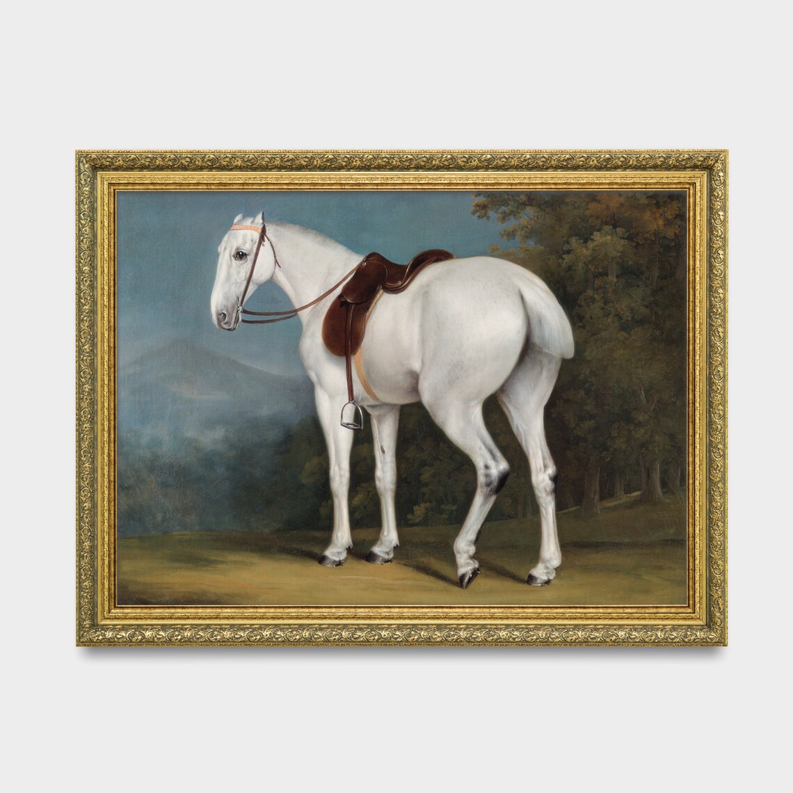 Saddled White Horse Standing in a Park Landscape Equestrian Poster - Image 3
