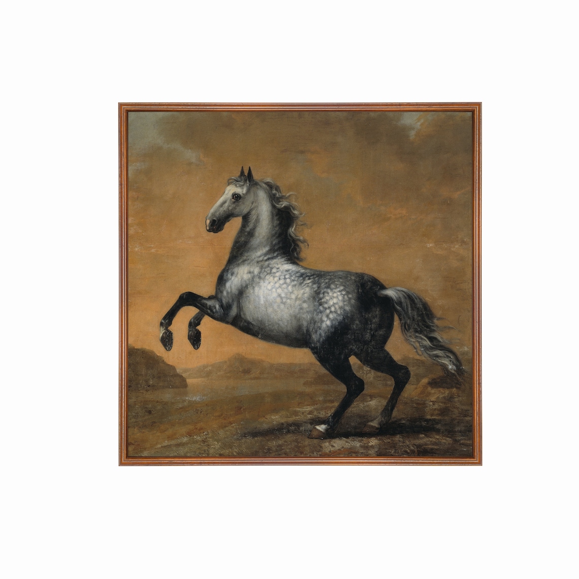 Rearing Dapple Grey Horse Amber Sky Vintage Equestrian Painting Poster