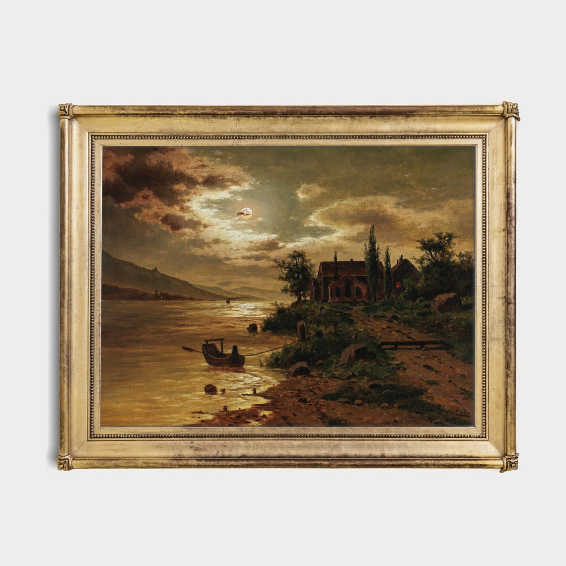 Moonlit River with a Cottage and Rowboat Nocturne Art Poster - Image 2