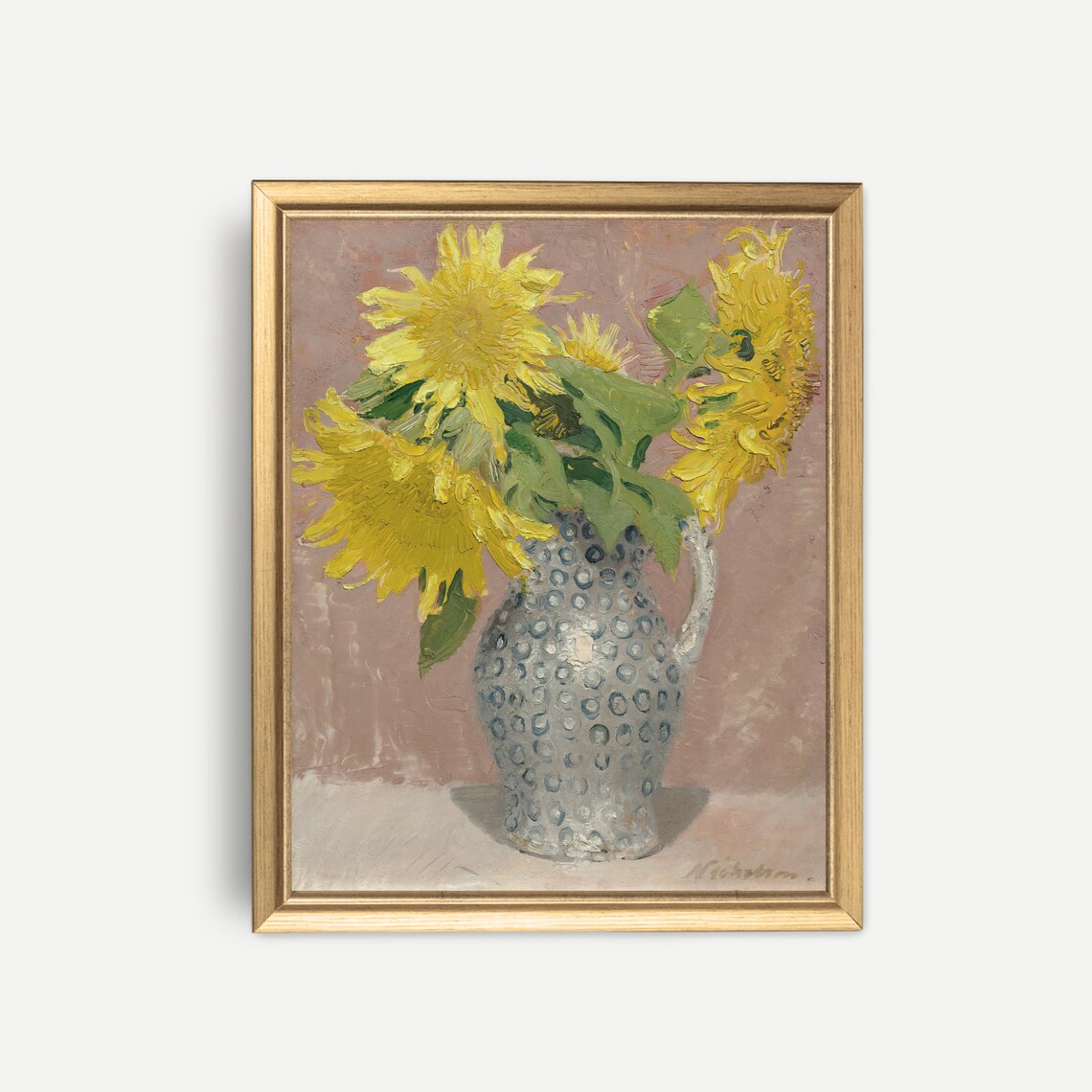 Sunflowers in Blue Spotted Pitcher Antique Floral Still Life Poster - Image 3