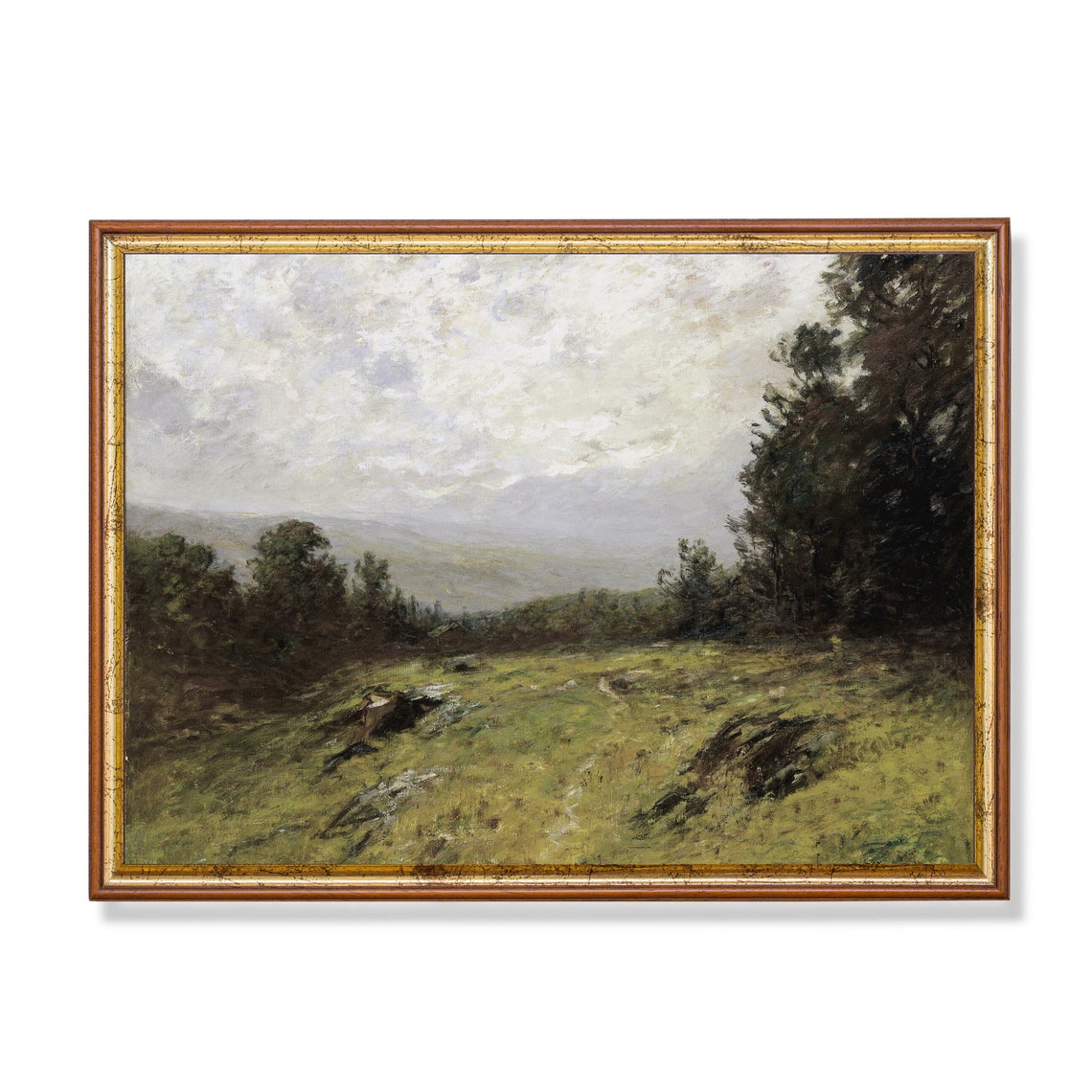 Green Meadow Valley Antique Landscape Oil Painting Rustic Poster
