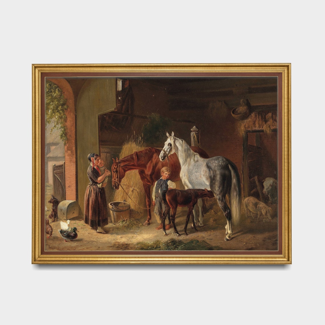 Stable Interior Family with Horses Foal Chickens Vintage Farm Poster - Image 3