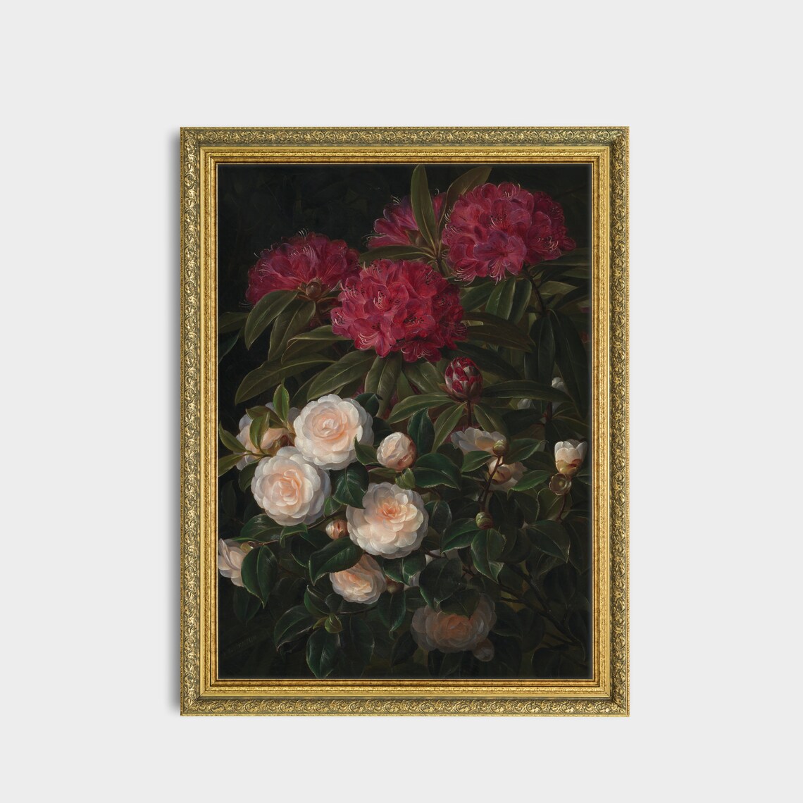 Red Rhododendrons and White Camellias Dark Botanical Floral Poster - Image 3