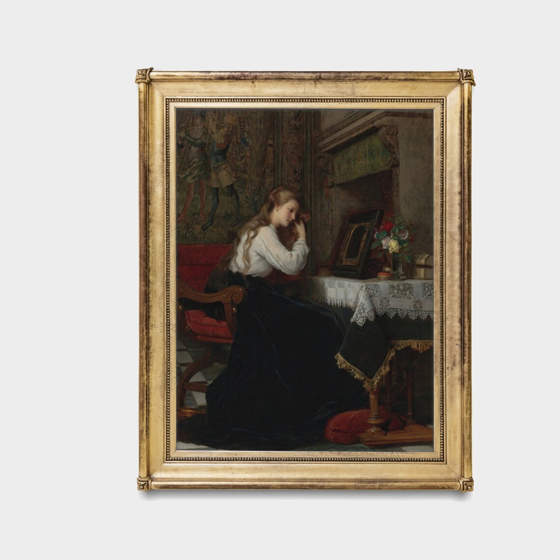 Lady at Her Vanity Table Before a Mirror Victorian Interior Painting Poster - Image 5