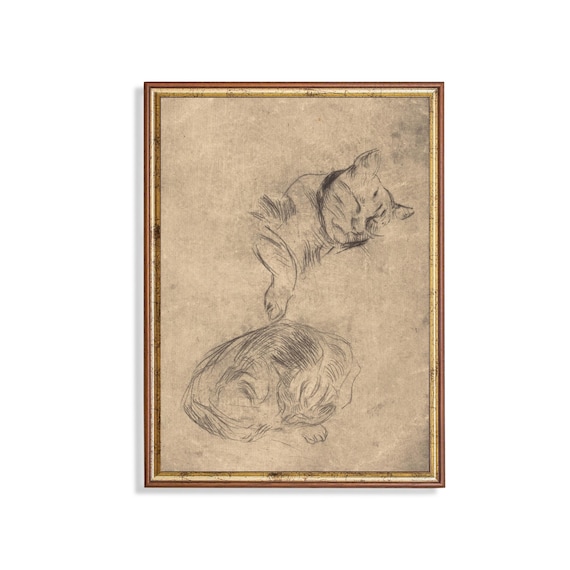 Sleeping Cats Pencil Sketch Study Vintage Nursery Art Poster