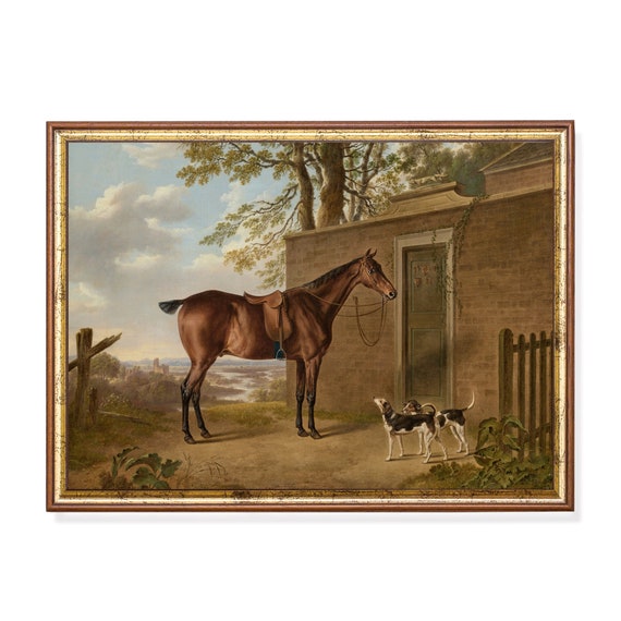 Printed And Shipped Horse With Two Hounds Vintage Horse Painting Antique Equestrian Painting Moody Rustic Fine Art Physical Prints
