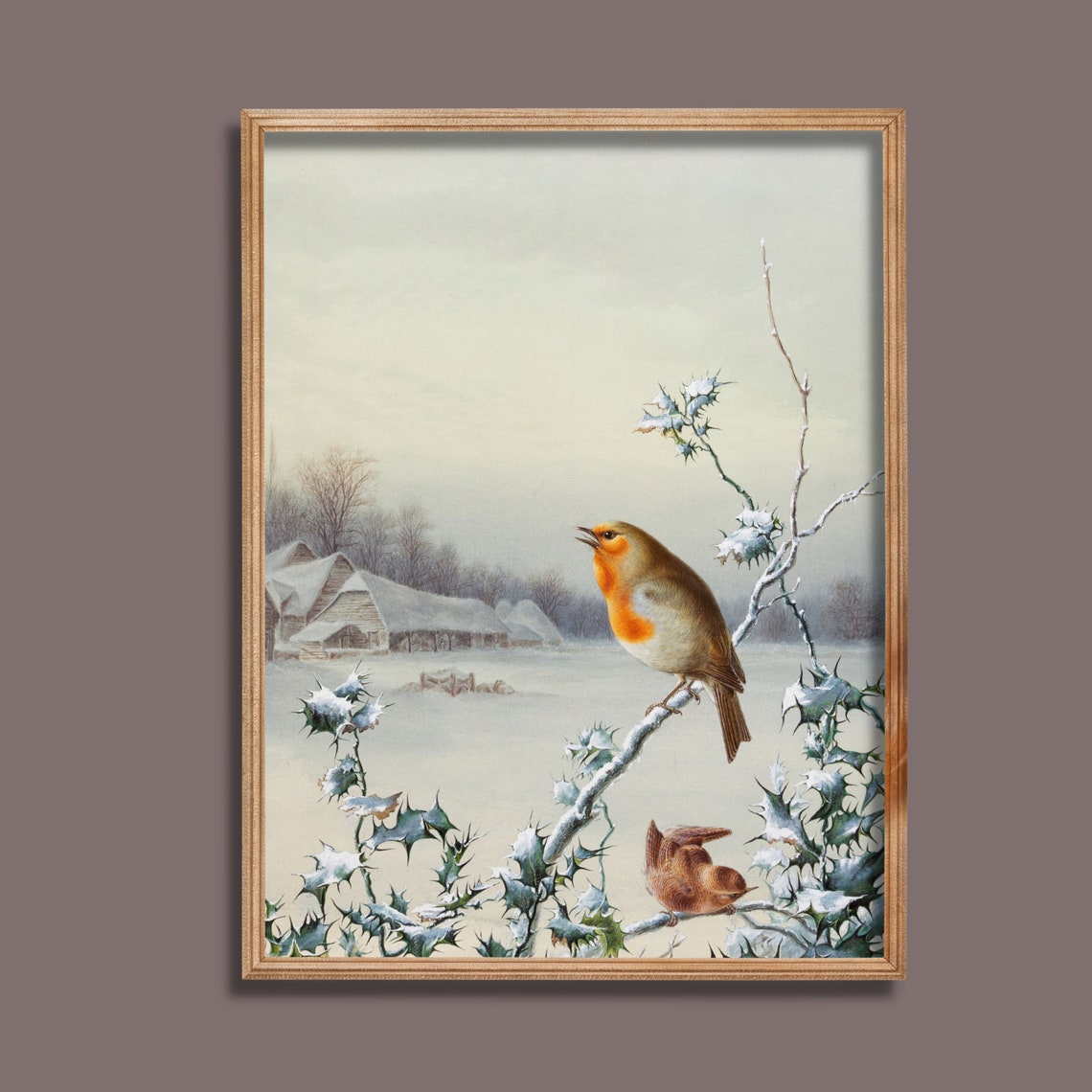 Robin and Wren Perched on Snowy Holly Branch Winter Bird Poster - Image 4