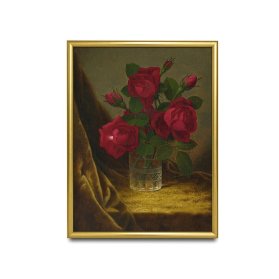 Vintage Still Life With Roses Antique Floral Oil Painting Moody Rustic Flower Art Wall Art Fine Print