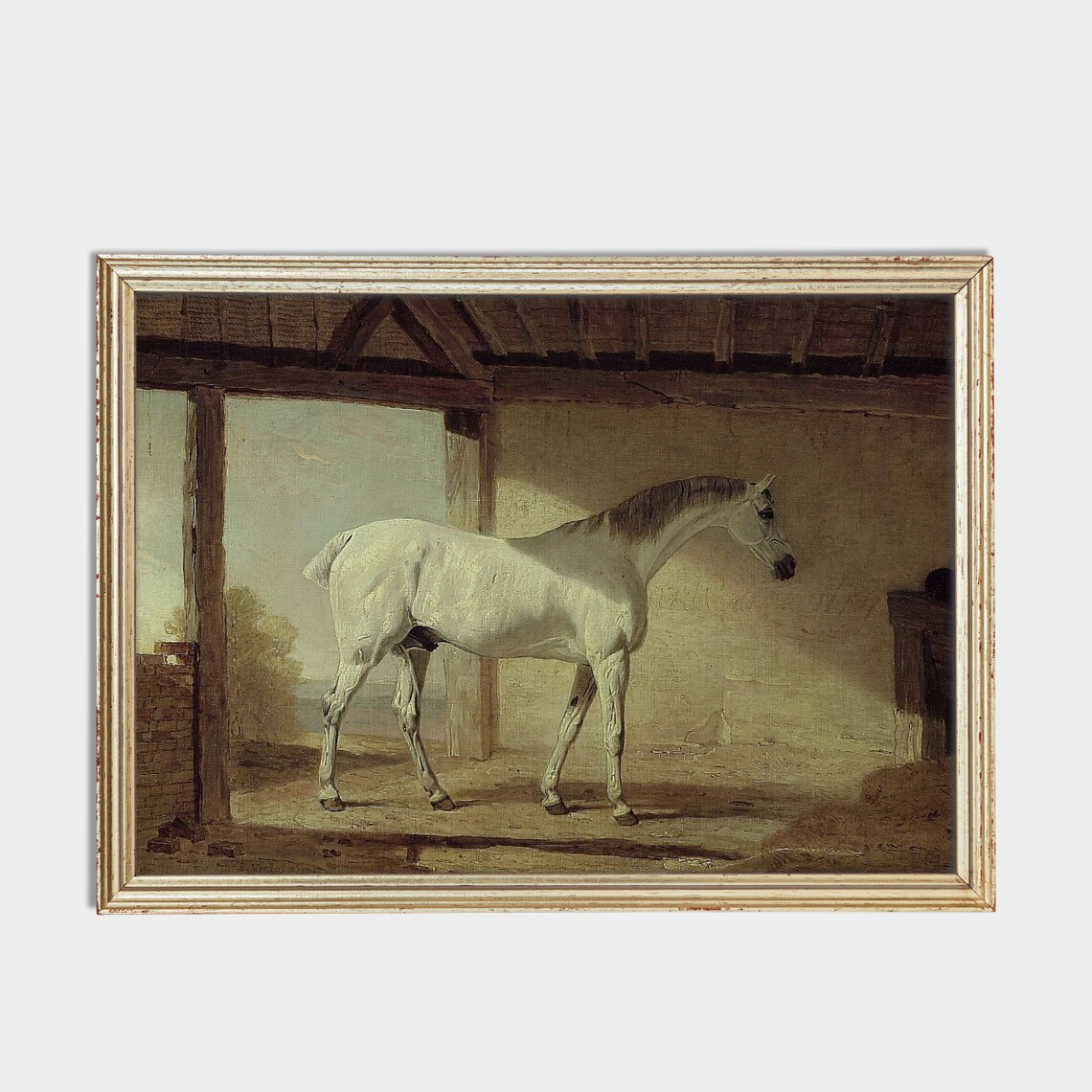 White Horse Standing in a Stable Vintage Equestrian Art Poster - Image 2