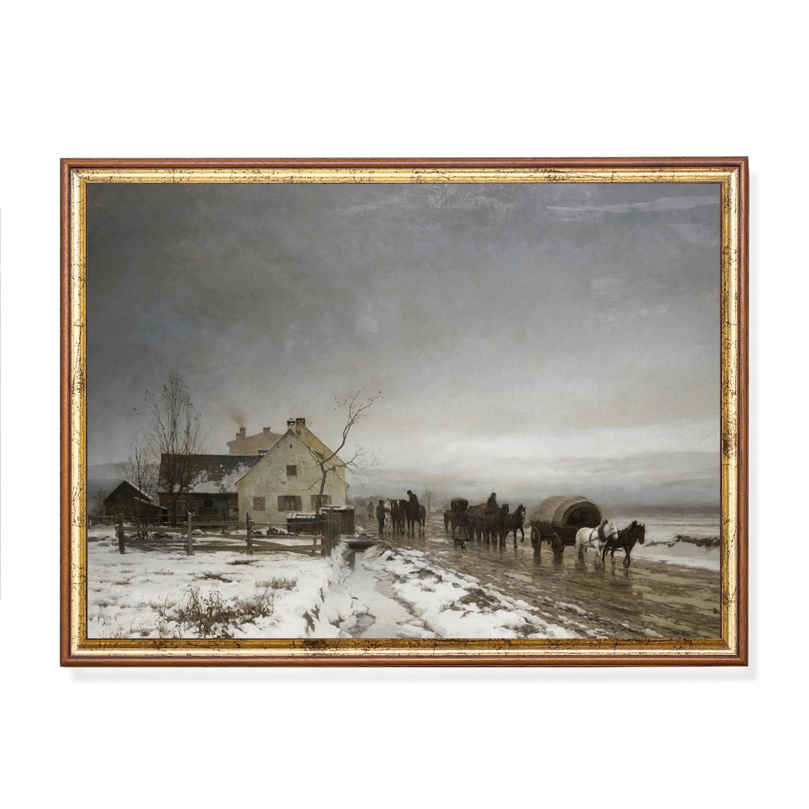Horse-Drawn Carriages Leaving a Snowy Farmhouse Antique Winter Poster