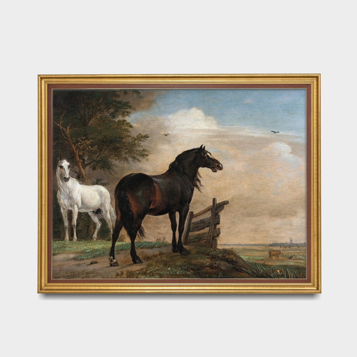 Dark Bay and White Horses Vintage Meadow Equestrian Painting Poster - Image 3