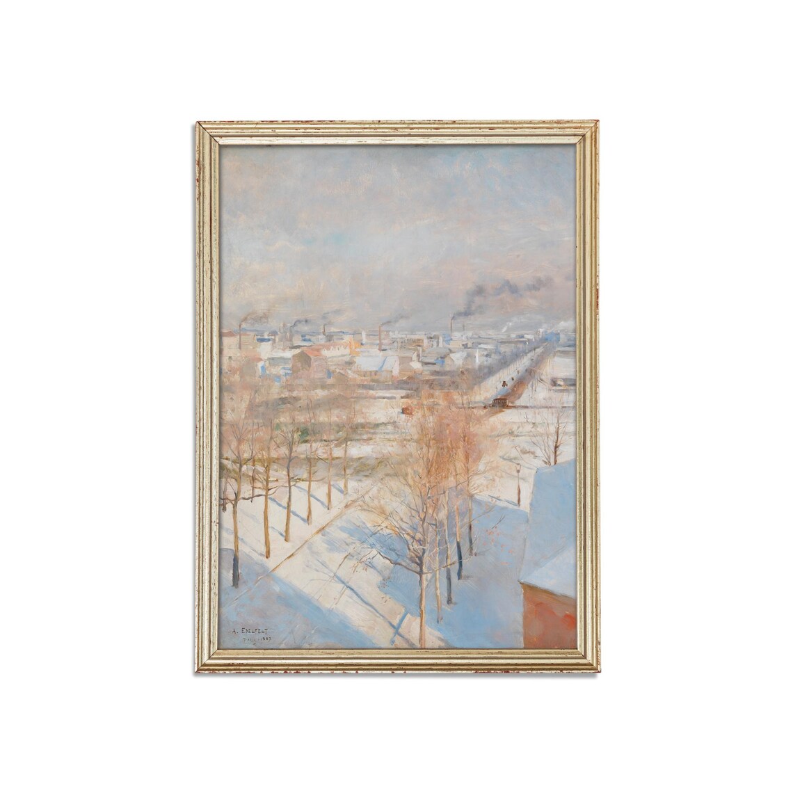Snowy City Rooftops Chimneys Winter Cityscape Painting Poster - Image 3