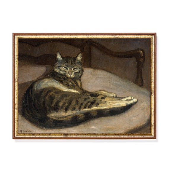 Printed And Shipped Vintage Cat Painting Antique Animal Print Moody Rustic Art Farmhouse Decor Cat Lover Gift Physical Prints