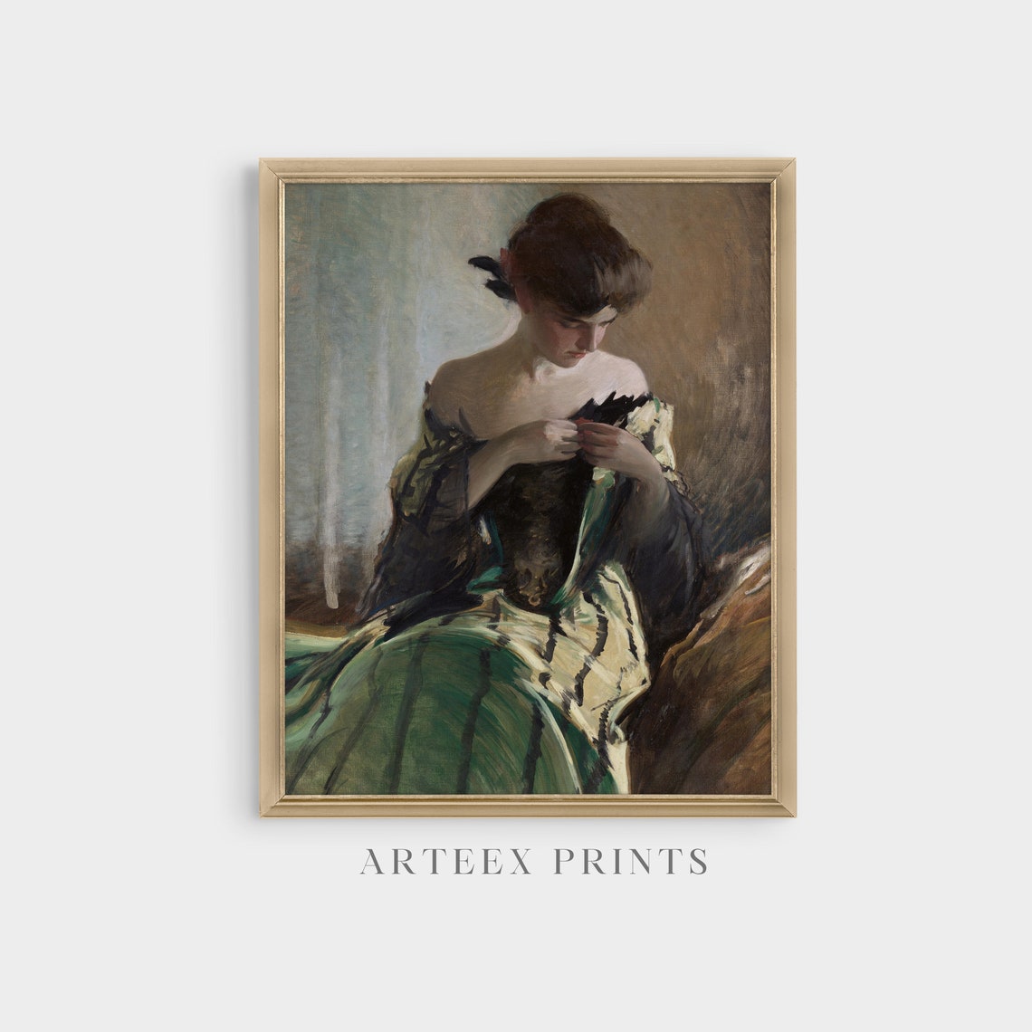 Seated Woman Adjusting Her Bodice in Green Antique Portrait Poster - Image 4