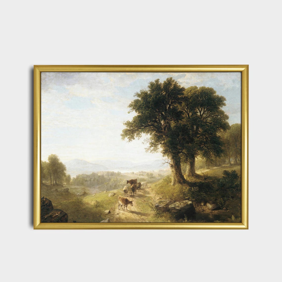 Cattle on a Mountain Path under Ancient Oaks Landscape Poster - Image 2