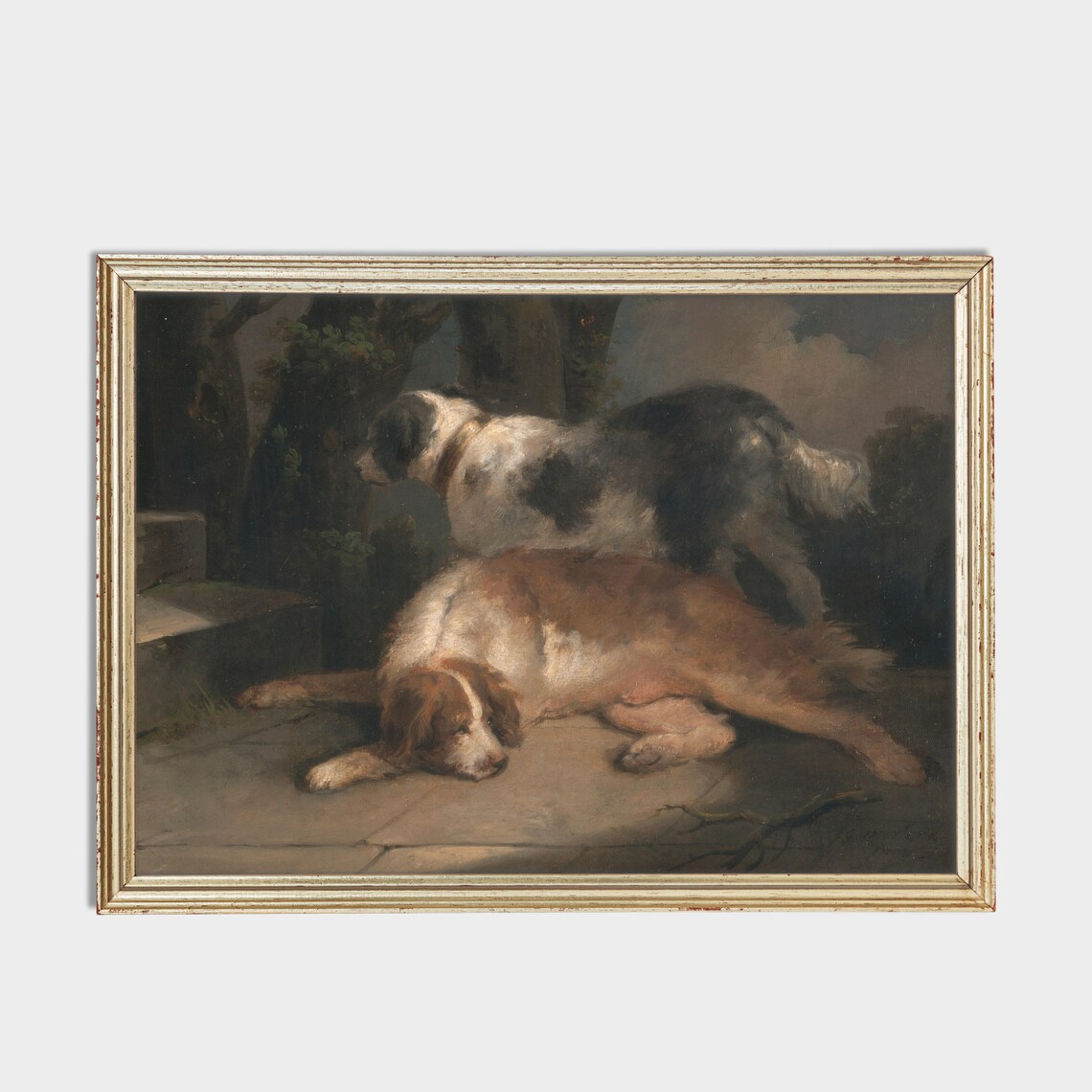 Two Resting Dogs Antique Oil Painting Vintage Canine Art Poster - Image 2